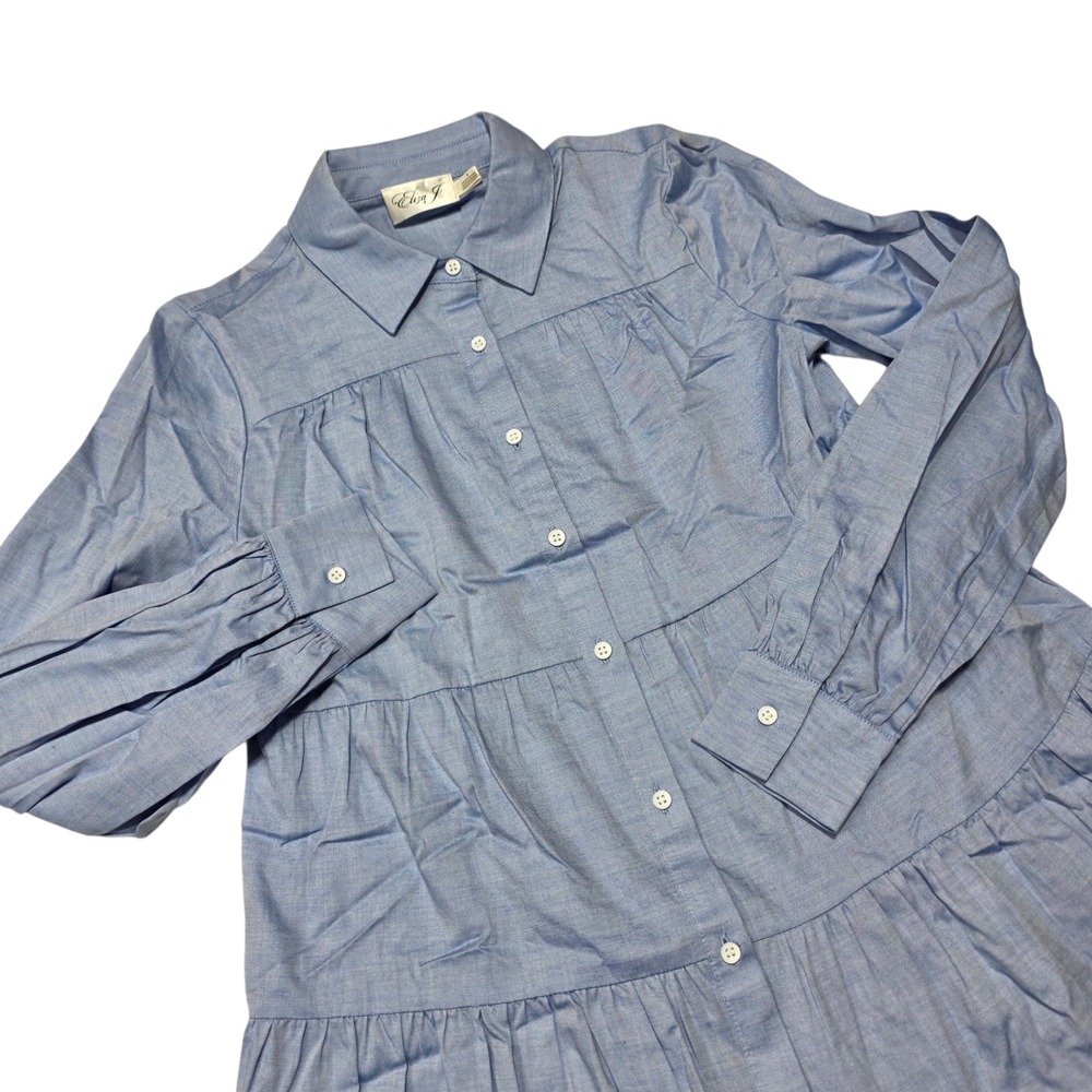 NEW Eliza J Shirt Dress Women 2 Blue Cotton‎ Tiered Long Sleeve Button Up Mini